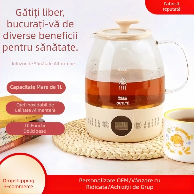 Ceainic de uz casnic, multifuncțional, complet automat, fierbător din sticlă pentru ceai și apă fierbinte, funcție dublă de abur și fierbere
