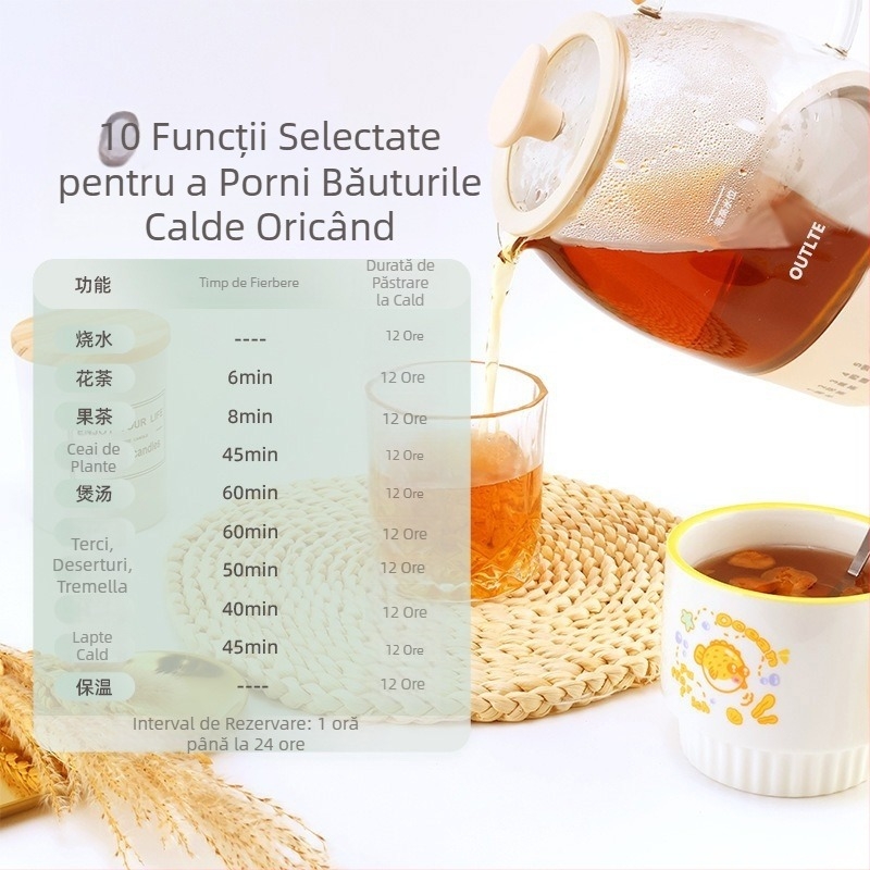 Ceainic de uz casnic, multifuncțional, complet automat, fierbător din sticlă pentru ceai și apă fierbinte, funcție dublă de abur și fierbere