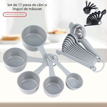 Set din plastic cu pahare și linguri de măsurat, cu marcaje, 17 piese, include separator de albuș