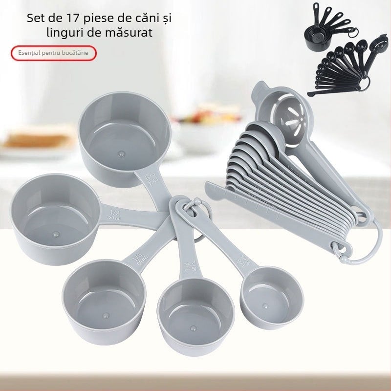 Set din plastic cu pahare și linguri de măsurat, cu marcaje, 17 piese, include separator de albuș