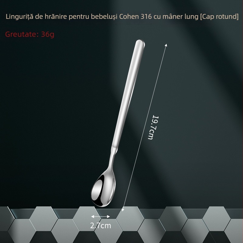Lingură din oțel inoxidabil 316 pentru hrănirea bebelușilor cu mâner lung, lingură de amestec pentru alimente, lingură pentru condimente, linguriță de cafea extinsă și lingură pentru gheață