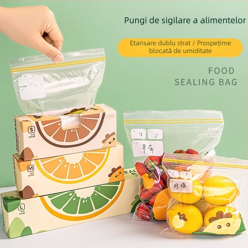Pungi alimentare pentru conservare legume și fructe, antibacteriene, pentru frigider și congelator, pungi sigilate PE cu compartiment pentru fructe