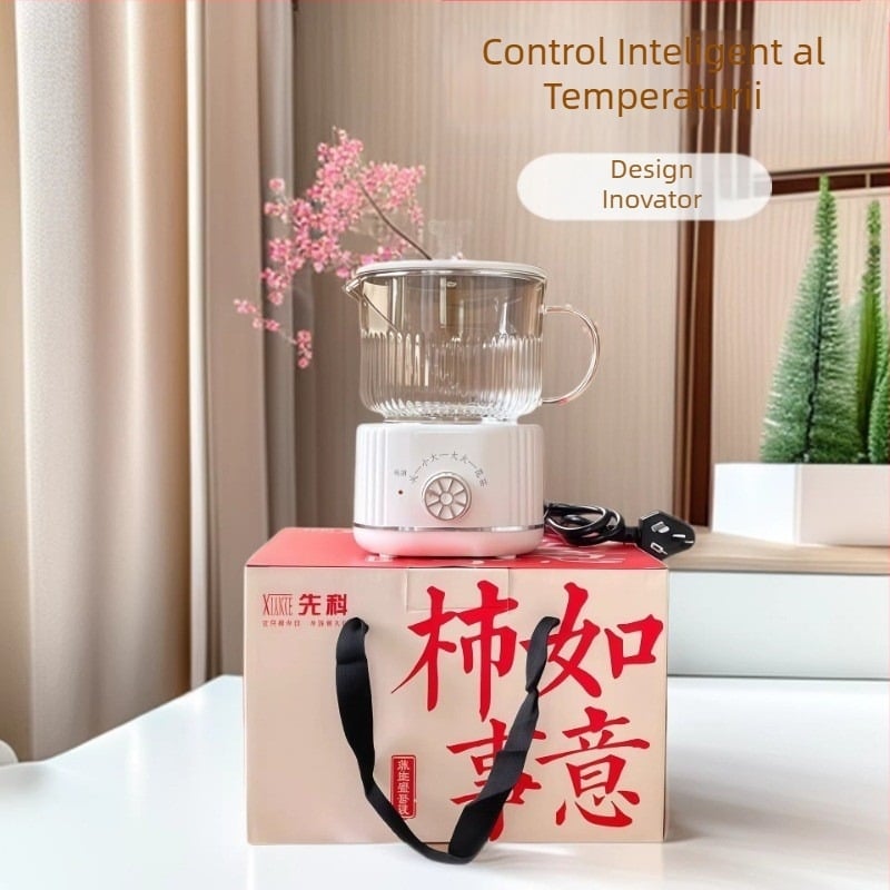 Ceainic electric din sticlă borosilicată, capacitate 1 L, bază de încălzire, control mecanic, termostat digital