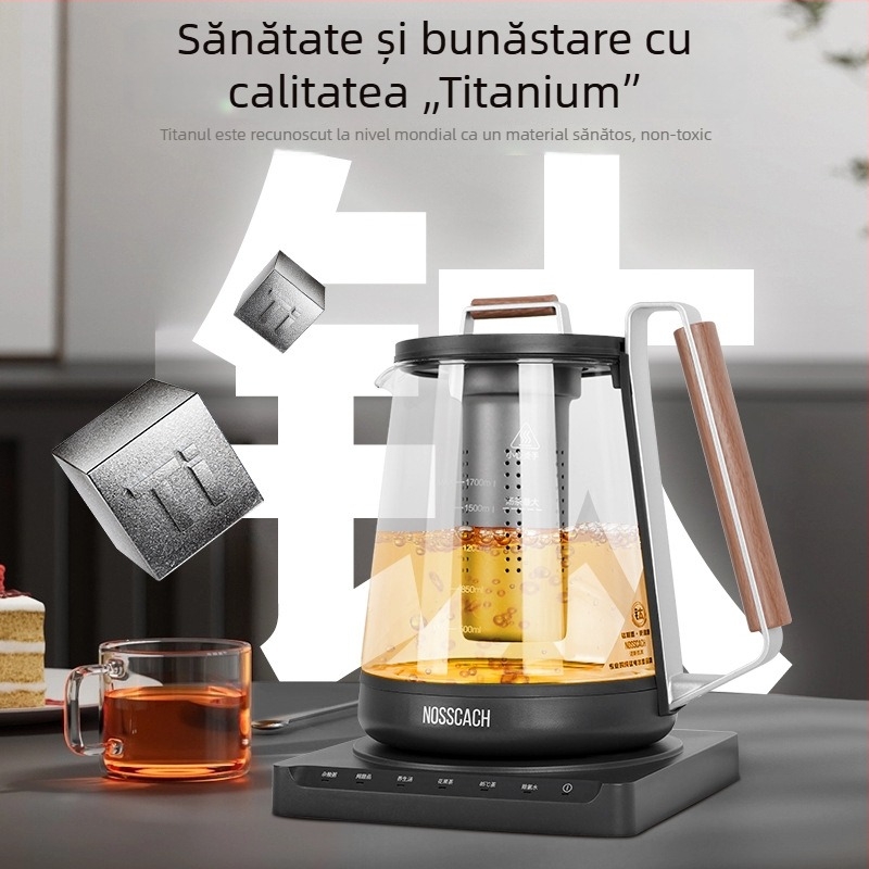 NOSSCACH Ns-t17y Fierbător de sănătate cu funcții multiple, control de temperatură constantă pentru fierbere și dechlorare, corp din borosilicatat, 1,5–2 L, termostat electronic, întrerupere automată