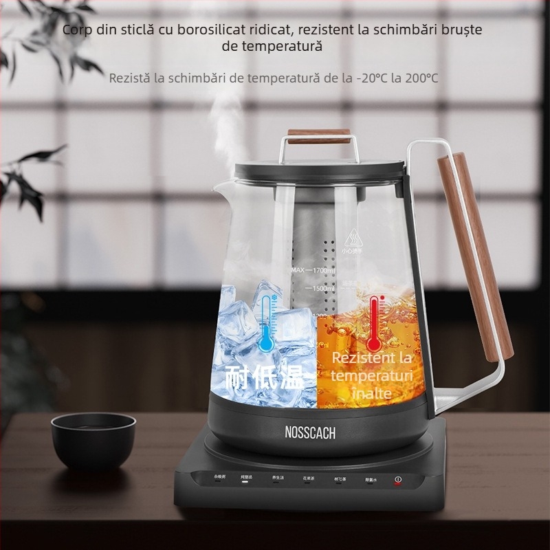 NOSSCACH Ns-t17y Fierbător de sănătate cu funcții multiple, control de temperatură constantă pentru fierbere și dechlorare, corp din borosilicatat, 1,5–2 L, termostat electronic, întrerupere automată