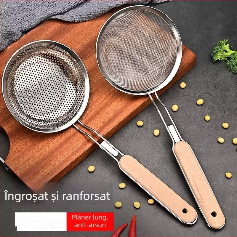 16# Sită din oțel inox cu mâner din lemn, sită cu plasă pentru drenare – pentru găluște, tăiței și prăjire