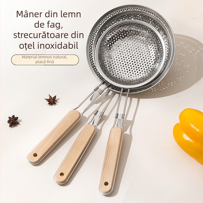 16# Sită din oțel inox cu mâner din lemn, sită cu plasă pentru drenare – pentru găluște, tăiței și prăjire