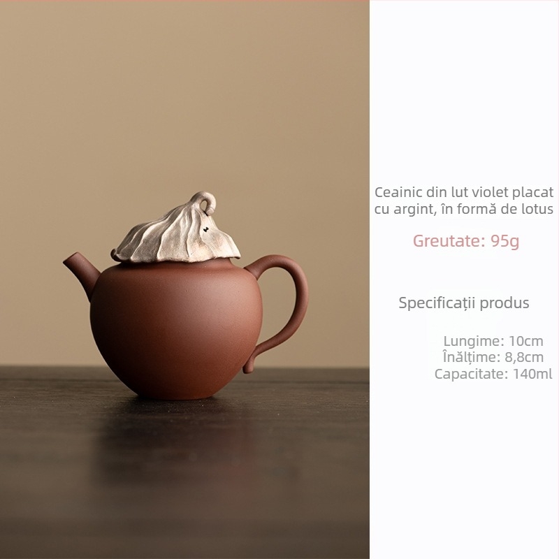 Ceainic din ceramică grosieră, cu motiv de lotus uscat şi finisaj placat cu argint, inspirat de arta ceramică japoneză, pentru ceremonia Kung Fu, un ceainic.