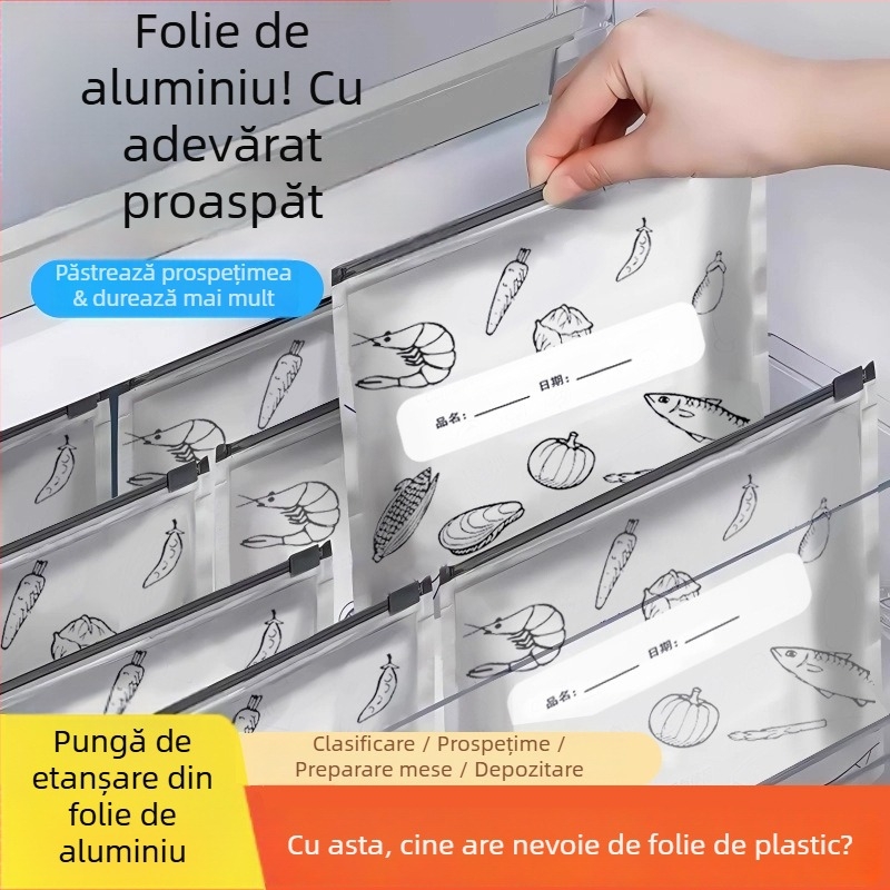 Pungi din folie de aluminiu pentru păstrarea în frigider, sigilate cu fermoar, de calitate alimentară, porționate