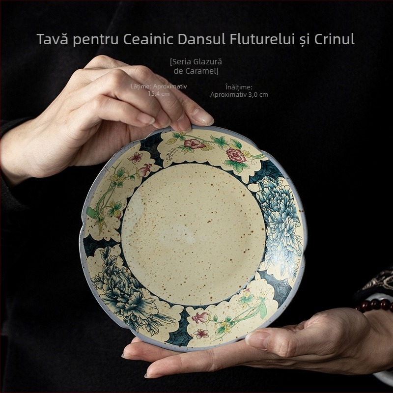Set ceramic pentru ceai cu ceainic și cești, bază izolantă, tavă pentru gustări și tavă pentru infuzie uscată, motiv Fluture-Lilie