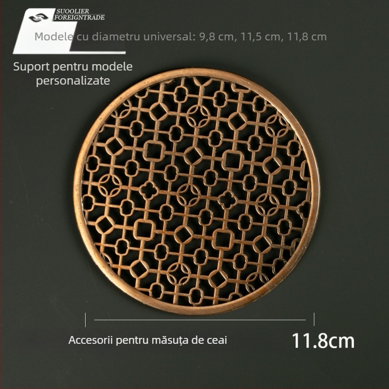 Accesorii pentru tavă de ceai din lemn: plăcuță metalică izolatoare termică, suport pentru ceainic și foaie de scurgere