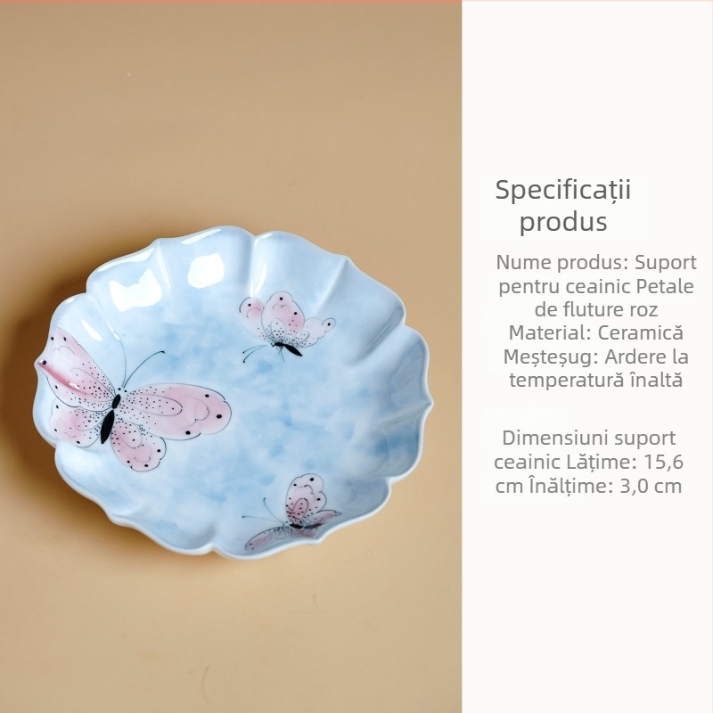 Suport pentru ceainic cu fluture sub glazură, farfurie de fructe cu bordură florală, design pictat manual cu fluture și flori, accesorii pentru set Gongfu de ceai, farfurie pentru gustări