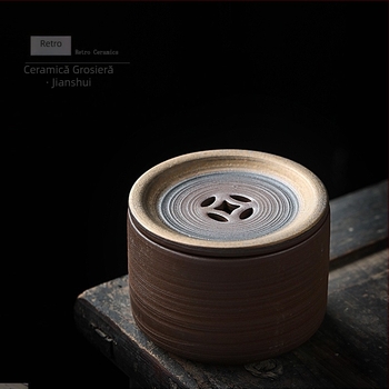 Recipient ceramic pentru reziduurile de ceai în stil chinezesc, cu capac, bazin ceramic cu aspect de lemn ars, platformă de infuzare uscată, suport pentru ceainic și bol de ceai
