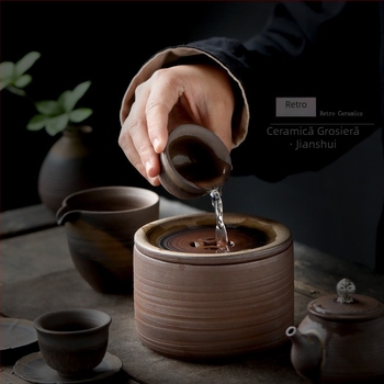 Recipient ceramic pentru reziduurile de ceai în stil chinezesc, cu capac, bazin ceramic cu aspect de lemn ars, platformă de infuzare uscată, suport pentru ceainic și bol de ceai