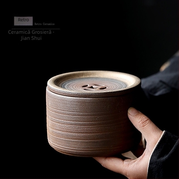 Recipient ceramic pentru reziduurile de ceai în stil chinezesc, cu capac, bazin ceramic cu aspect de lemn ars, platformă de infuzare uscată, suport pentru ceainic și bol de ceai