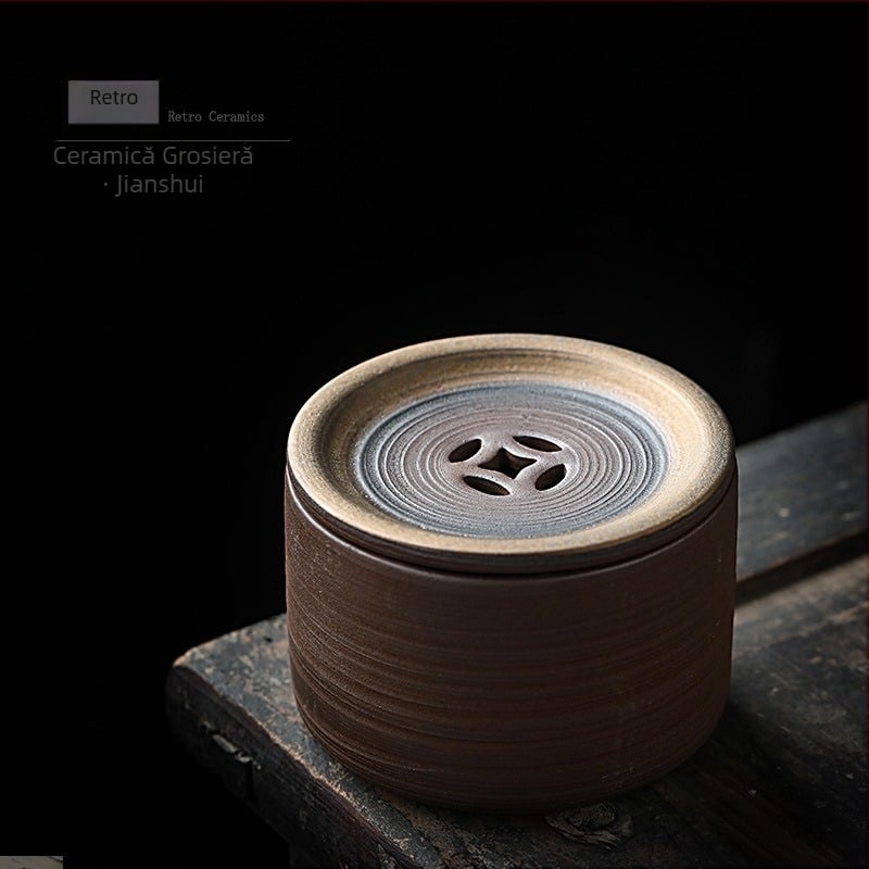 Recipient ceramic pentru reziduurile de ceai în stil chinezesc, cu capac, bazin ceramic cu aspect de lemn ars, platformă de infuzare uscată, suport pentru ceainic și bol de ceai