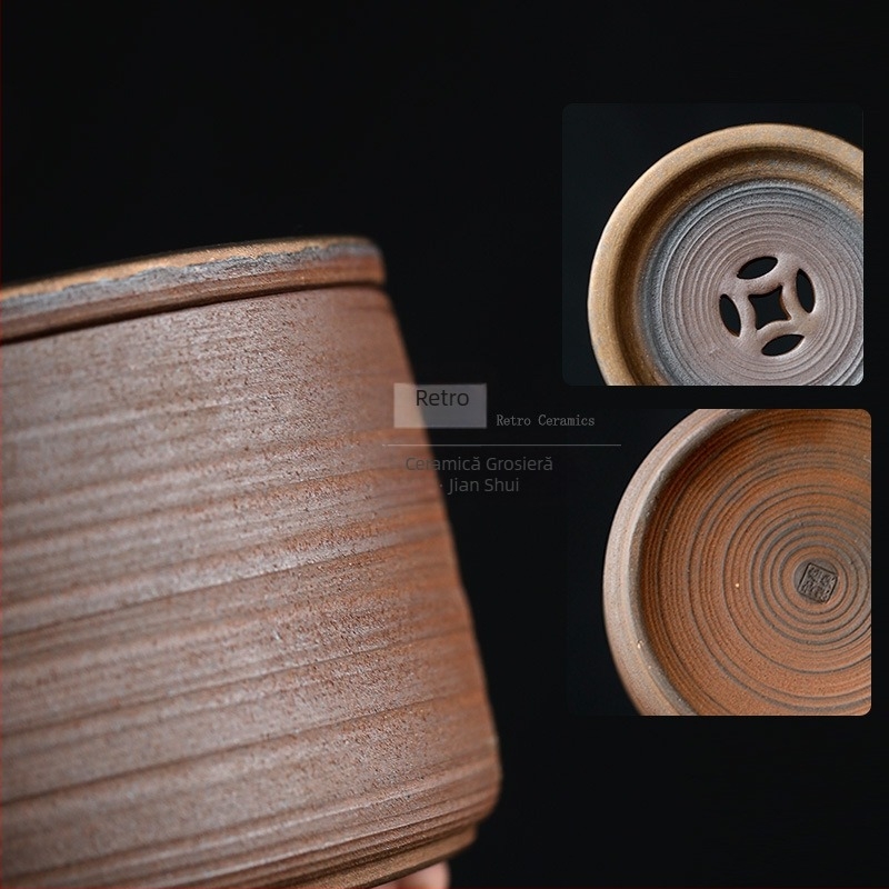 Recipient ceramic pentru reziduurile de ceai în stil chinezesc, cu capac, bazin ceramic cu aspect de lemn ars, platformă de infuzare uscată, suport pentru ceainic și bol de ceai