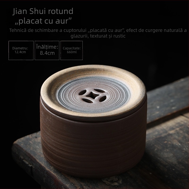Recipient ceramic pentru reziduurile de ceai în stil chinezesc, cu capac, bazin ceramic cu aspect de lemn ars, platformă de infuzare uscată, suport pentru ceainic și bol de ceai