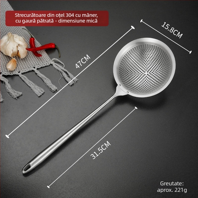 Sită de bucătărie din oțel inoxidabil 304, de calitate alimentară, cu mâner lung, pentru găluște și tăiței