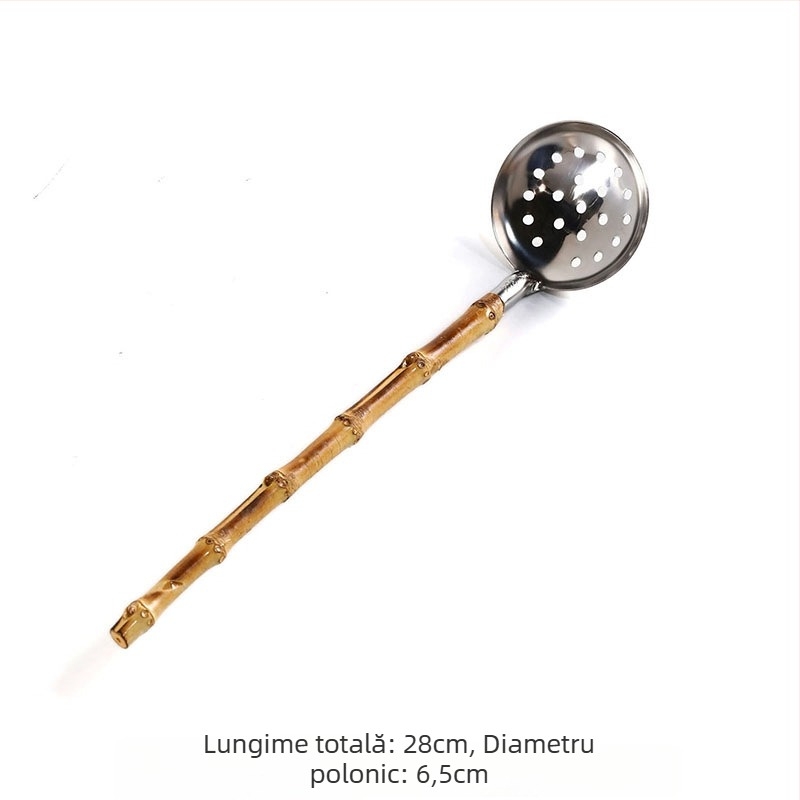 Lingură de supă cu mâner din bambus, stil Japonez, oțel inoxidabil 304, mâner lung, sită