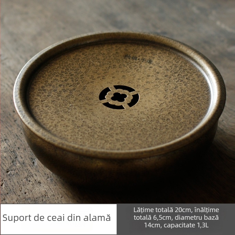 Set tavă de ceai din alamă cu textură ciocanată, suport circular pentru ceainic, farfurie mică circulară pentru ceai, pernă pentru apă și recipient pentru zaț de ceai