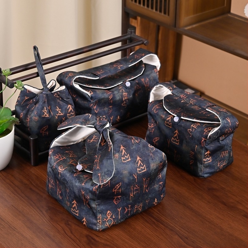 Geantă de depozitare pentru set de ceai din brocart satin, pentru exterior, husă protectoare portabilă pentru o oală și două cești, stil chinezesc nou