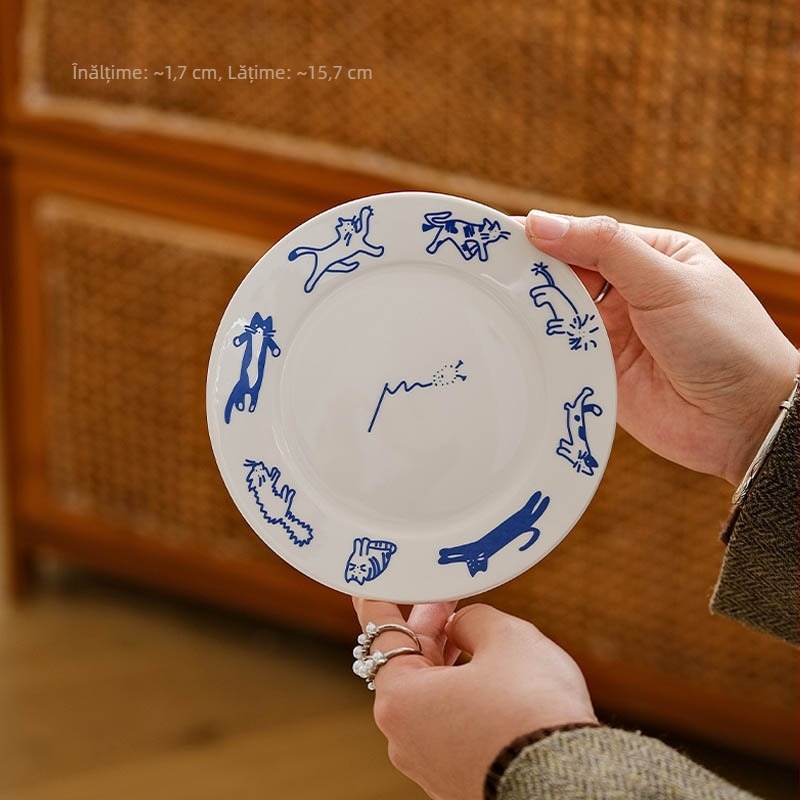 Farfurie ceramică cu motiv os, design desen animat, pentru uz casnic; potrivită pentru pisici și câini; rotundă, diametru 15–16 cm; farfurie pentru gustări și desert.