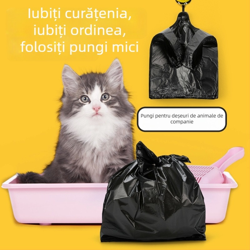 Pungi negre de unică folosință pentru deșeuri de animale (pisică și câine), din HDPE, cu mâner, groase, pentru mașină și birou