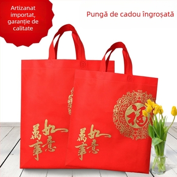 Set de 10 pungi de cadouri din material nețesut - pungă roșie cu simbol noroc, mâner