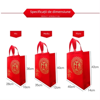 Set de 10 pungi de cadouri din material nețesut - pungă roșie cu simbol noroc, mâner