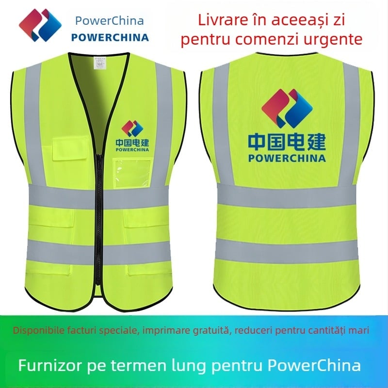Vestă reflectorizantă pentru muncitori, material fluorescent, pentru construcții și servicii de salubritate, vizibilitate nocturnă, cu imprimare