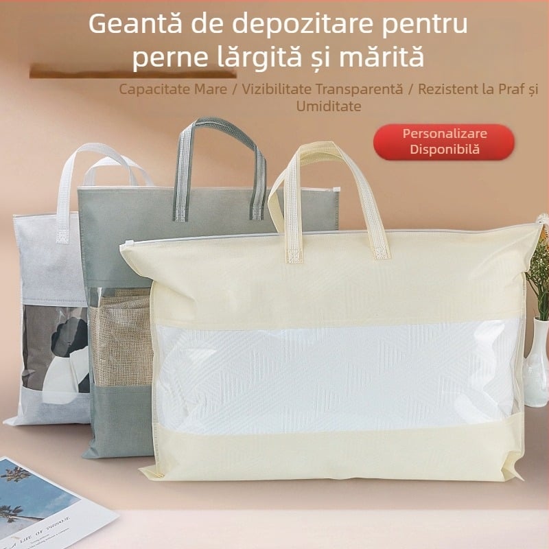 Geantă pentru pernă din materiale nețesute cu fermoar, versiune mare, protecție împotriva prafului, fereastră transparentă, posibilitatea imprimării logo-ului