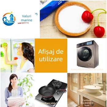 Pulbere de bicarbonat de sodiu – detergent multifuncțional în bucătărie, pentru îndepărtarea petelor de fructe, legume și ceai; potrivit pentru mașina de spălat, frigider și vase