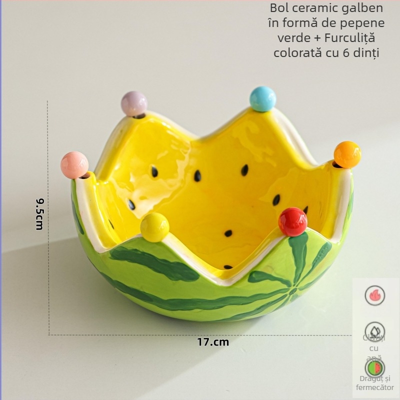 Vas ceramic în formă de pepene pentru fructe și set de furculițe pentru desert din oțel inoxidabil