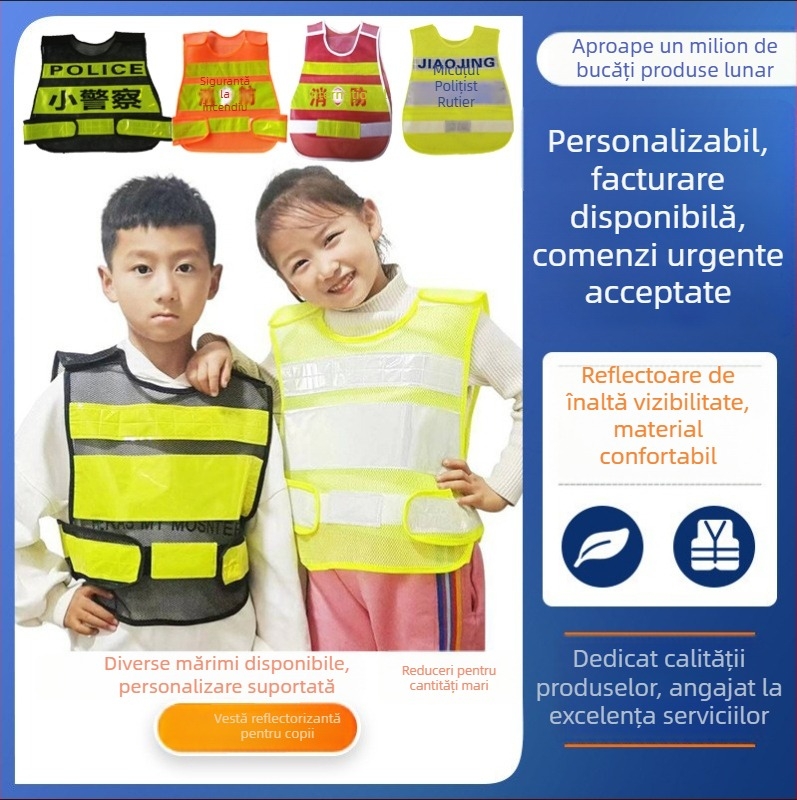 Costum pentru copii cu elemente reflectorizante, temă pompier și polițist, pentru reprezentații și ieșiri