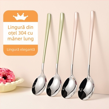 Lingură din oțel inoxidabil 304, stil occidental, mâner lung, design inspirat de Coreea, pentru uz casnic, lingură mică de supă și lingură pentru fructe