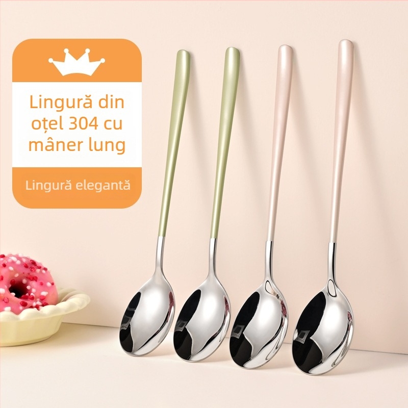 Lingură din oțel inoxidabil 304, stil occidental, mâner lung, design inspirat de Coreea, pentru uz casnic, lingură mică de supă și lingură pentru fructe