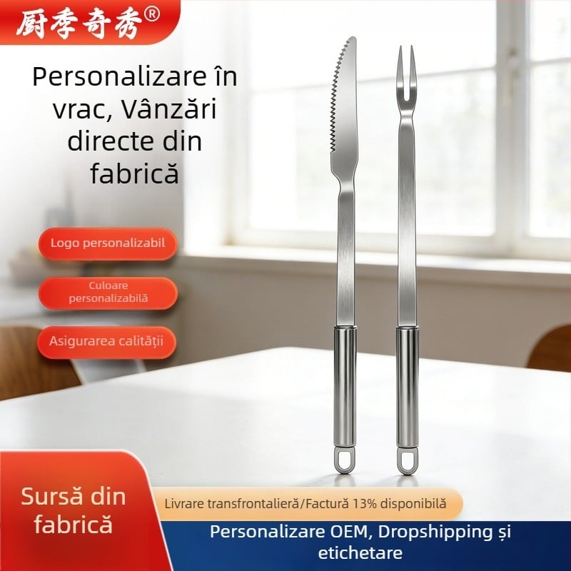 Set cuțit și furculiță pentru grătar din oțel inoxidabil, mâner lung, pentru gătit în aer liber, pentru fripturi și carne de miel