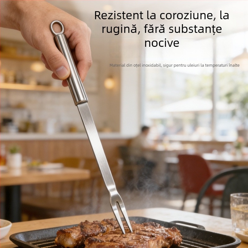Set cuțit și furculiță pentru grătar din oțel inoxidabil, mâner lung, pentru gătit în aer liber, pentru fripturi și carne de miel