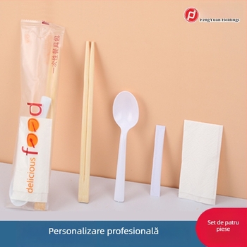 Set de tacâmuri din bambus, de unică folosință – set patru piese pentru livrare, cu șervete, scobitori, boluri și linguri