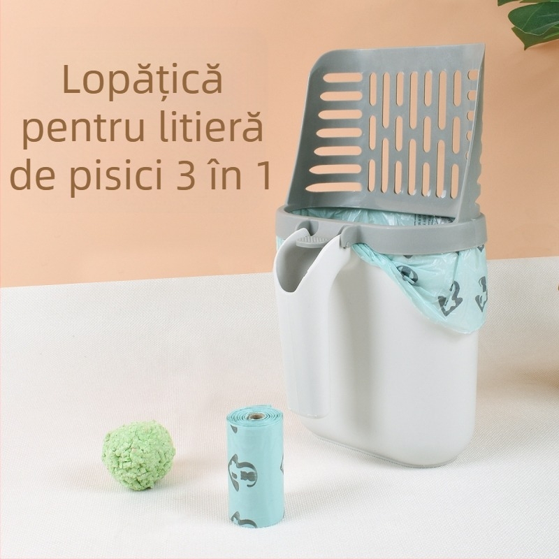 Lingură pentru nisip de pisică, cu coș de gunoi și pungi, lopățică pentru pisici, unealtă de curățare a fecalelor