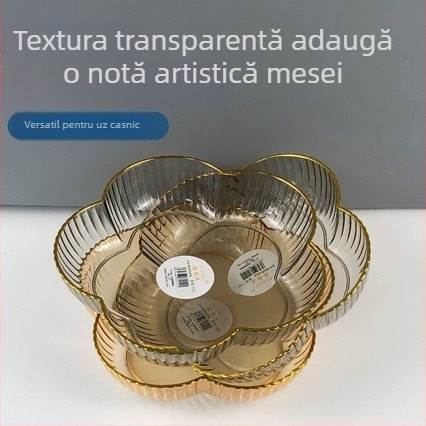 Platou din plastic pentru fructe, margine aurie, transparent, design minimalist