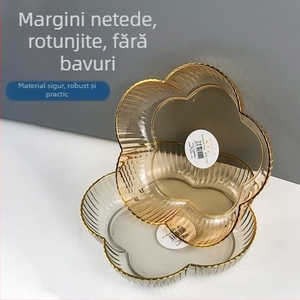 Platou din plastic pentru fructe, margine aurie, transparent, design minimalist