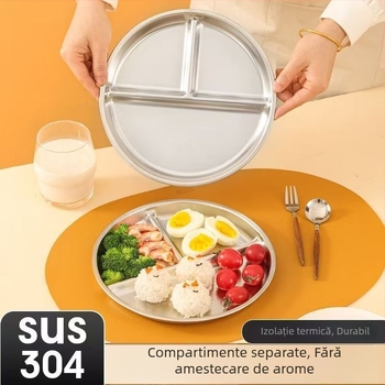 Farfurie de prânz din oțel inoxidabil 304, compartimentată, pentru cantina școlii, farfurie rotundă pentru copii, sigură pentru microunde