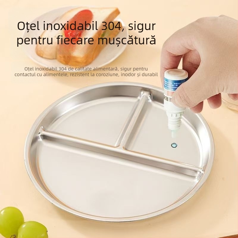 Farfurie de prânz din oțel inoxidabil 304, compartimentată, pentru cantina școlii, farfurie rotundă pentru copii, sigură pentru microunde