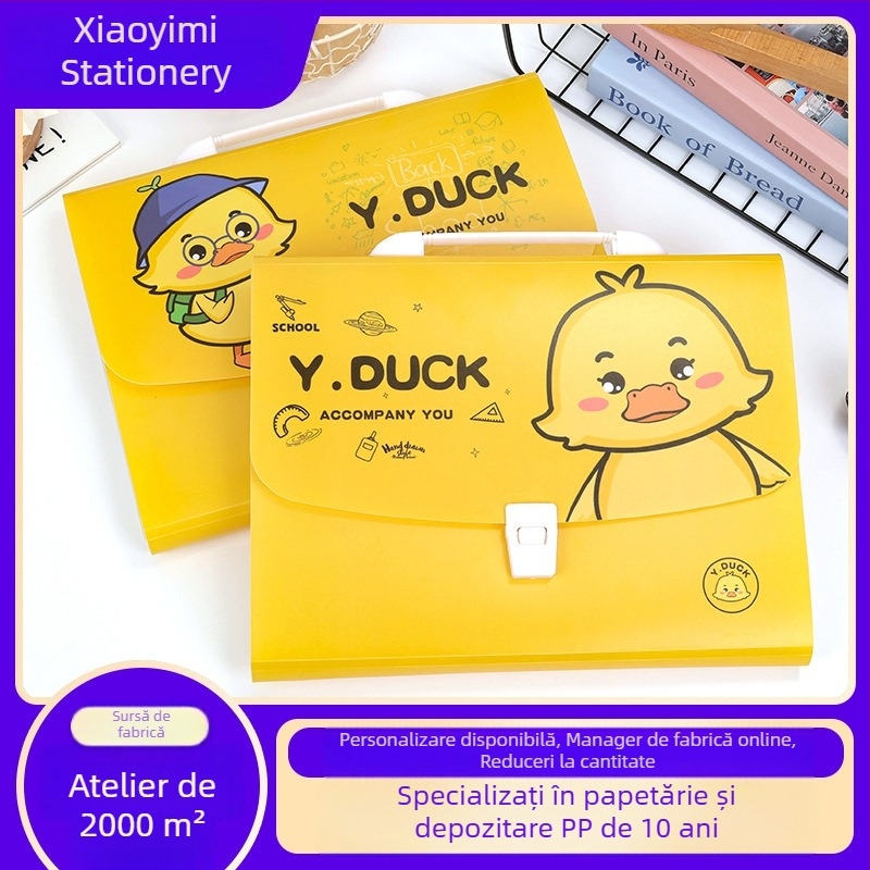 Geantă-accordion drăguță, galbenă, cu capacitate mare, compartimente multiple pentru lucrări școlare și documente de birou