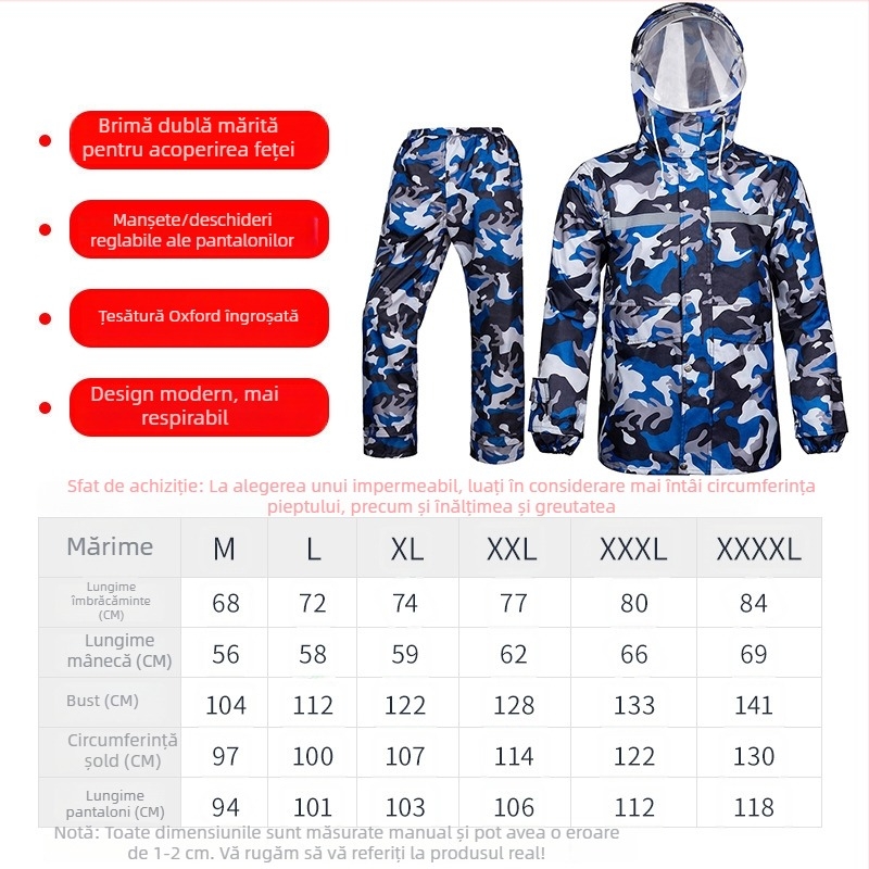 Set impermeabil pentru bărbați, geacă de ploaie și pantaloni, țesătură Oxford, gros, în două părți, cu elemente reflectorizante