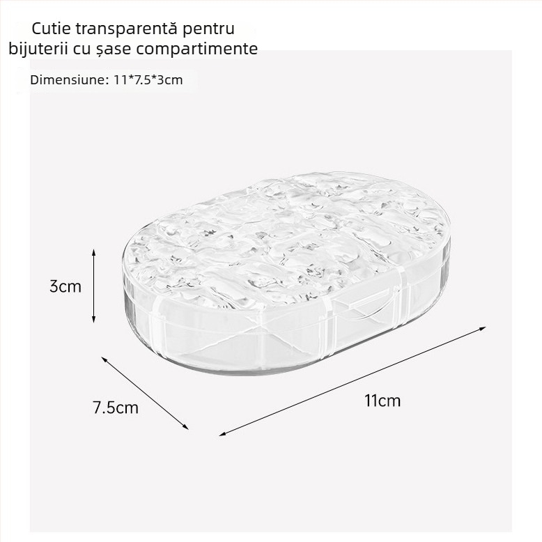Cutie transparentă portabilă pentru bijuterii cu divizoare pentru cercei, inele și lanțuri