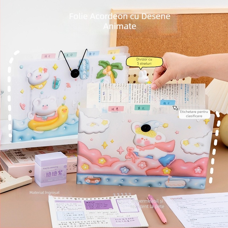 Geantă organizatoare pentru fișe de test cu design desen animat, capacitate mare, dosar accordion portabil pentru birou, cu multiple compartimente