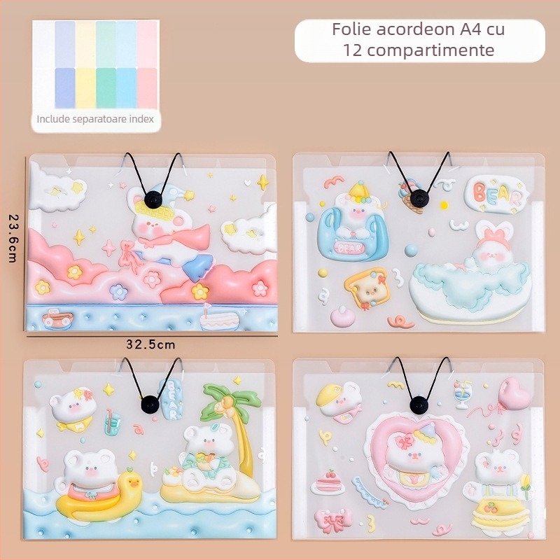 Geantă organizatoare pentru fișe de test cu design desen animat, capacitate mare, dosar accordion portabil pentru birou, cu multiple compartimente